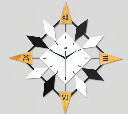 Large diamond pattern wall clock with solid wood dial measuring 60x60cm with silent movement