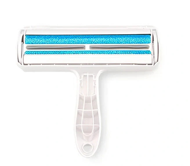 Blue pet hair removal comb with ABS plastic body and roller bristles for furniture cleaning