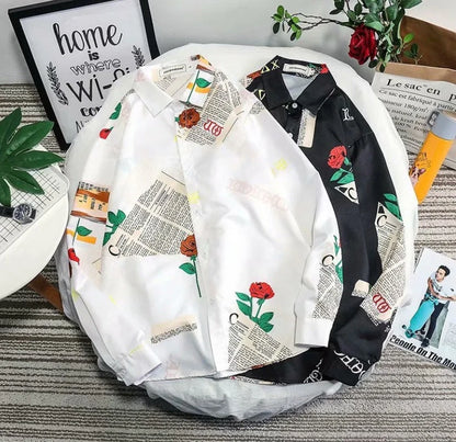 Loose Long Sleeve Tide Brand Shirt in black and white, made from 100% polyester fiber