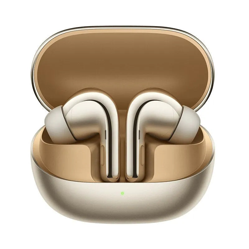 Black and gold true wireless Bluetooth earbuds with a charging case on a white background.