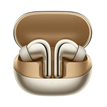 Black and gold true wireless Bluetooth earbuds with a charging case on a white background.