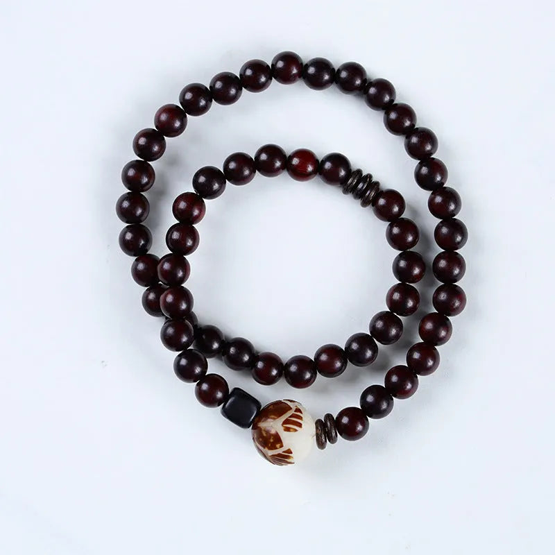 Natural rosewood double-ring bracelet with hand-knitted construction and retro floral design