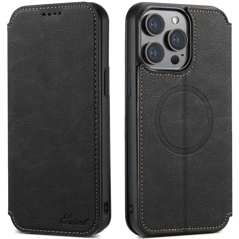 Magnetic leather iPhone case with bracket and card slot, PU TPU, Black Blue Brown Khaki, for iPhone 12 to 15 Pro Max