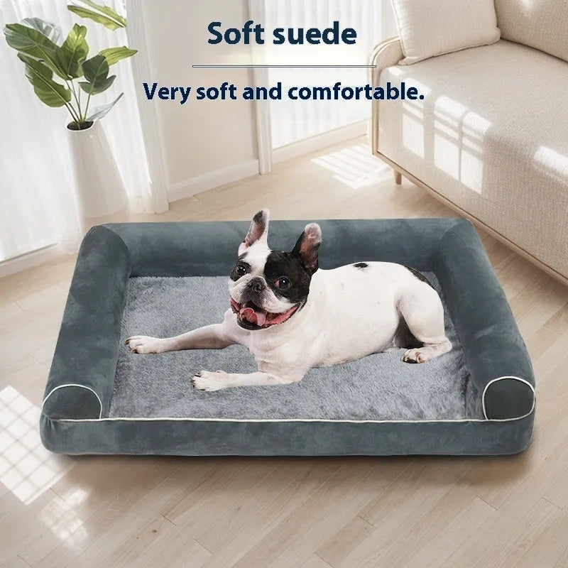 Square grey dog bed with 19cm thick breathable sponge and removable cloth cover for orthopaedic support