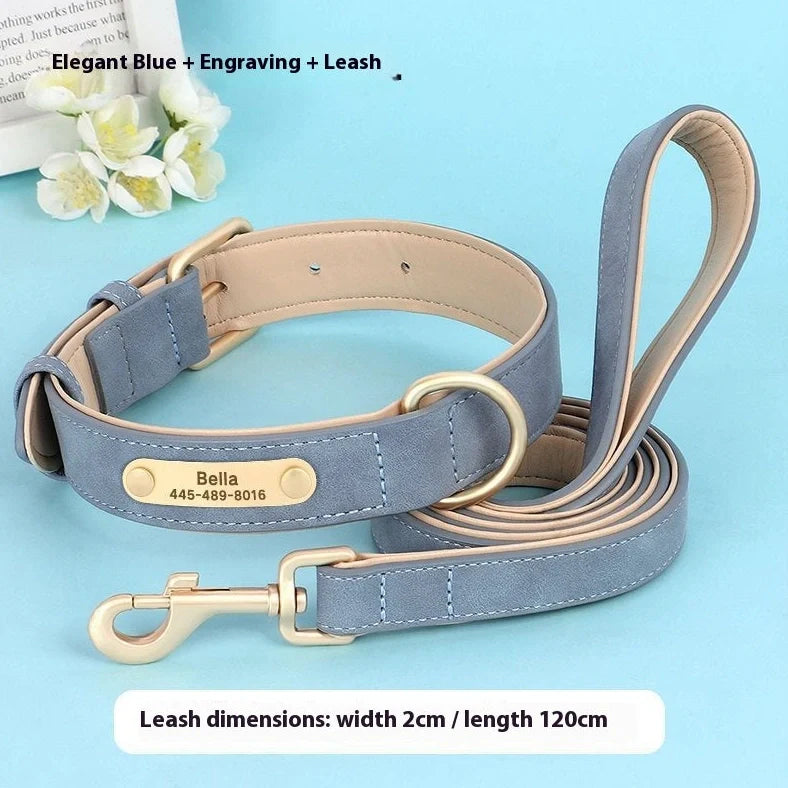 Double-layer leather dog collar with mohair lining in rose red, brown, and blue colours with matching lead