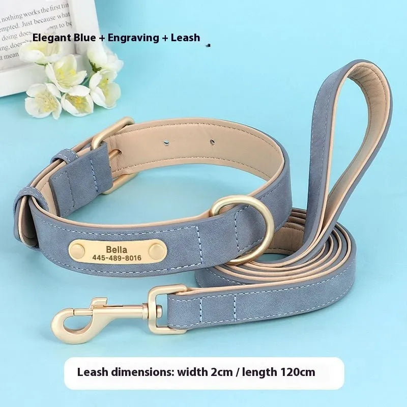 Double-layer leather dog collar with mohair lining in rose red, brown, or blue, adjustable for dogs 7-65 pounds, includes traction rope