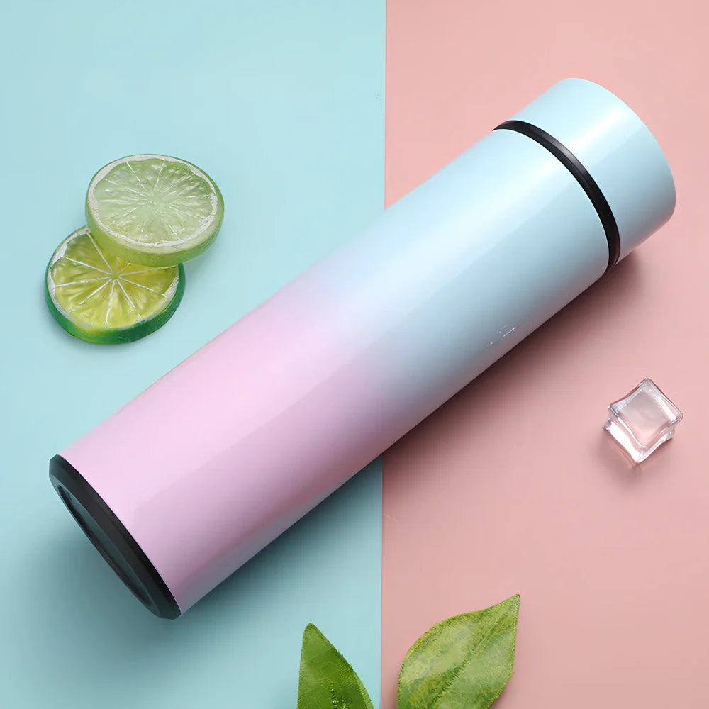 Stainless steel vacuum flask with temperature display showing beverage temperature, 22.5cm height