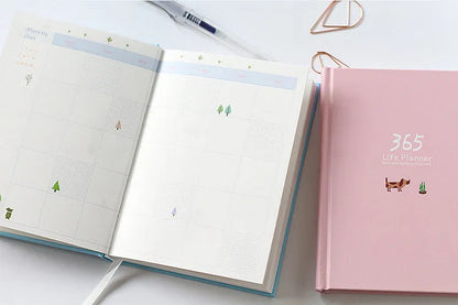 Hardback 365 day planner notebook, 13.5 x 18.2cm, 228 pages, 100gsm white cattle paper, Dark Green or Pink