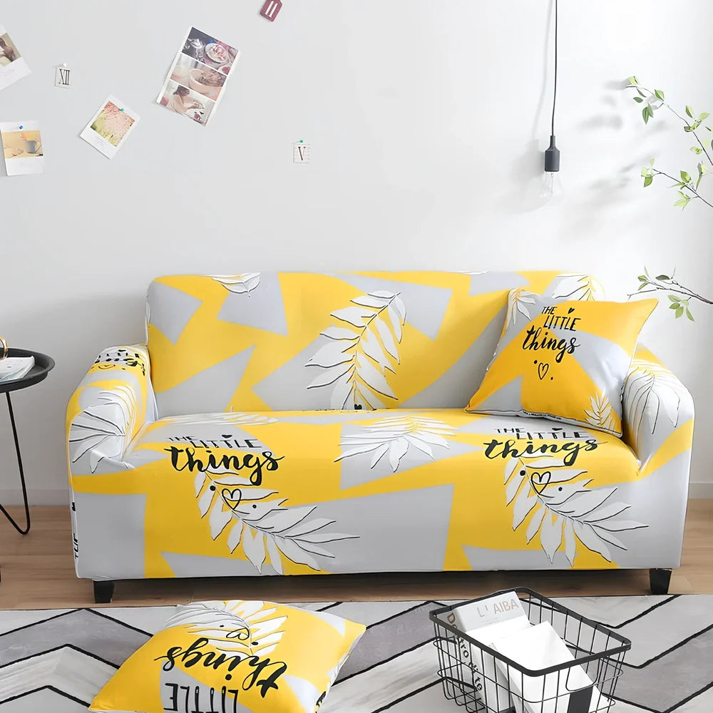 Elastic sofa cover with stripe pattern stretched over 3-seat sofa in living room setting