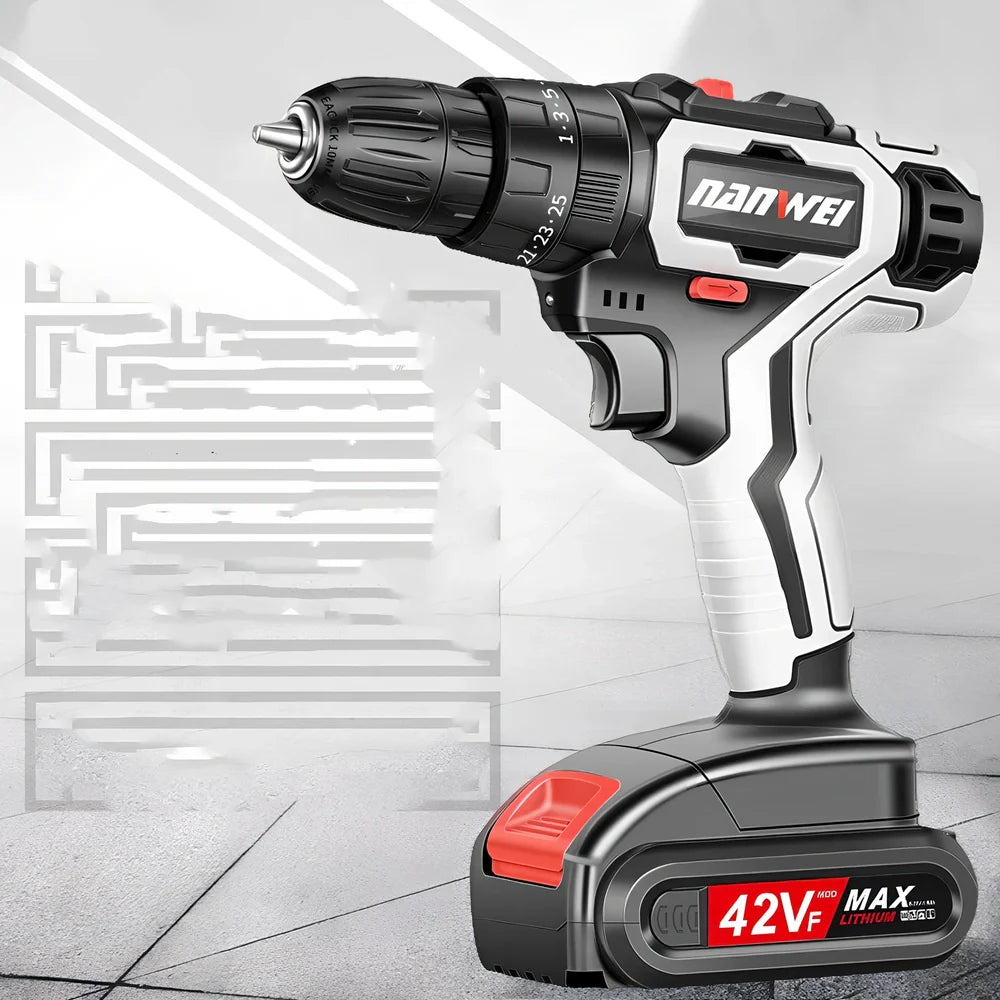 Rechargeable lithium electric drill with pistol grip and 10mm chuck, showing 20cm by 25cm dimensions