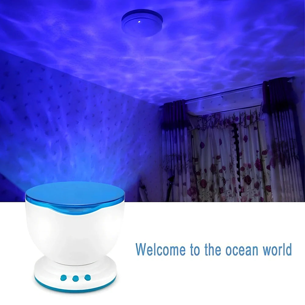 White and blue ocean wave projector measuring 13x12x12 cm with remote control