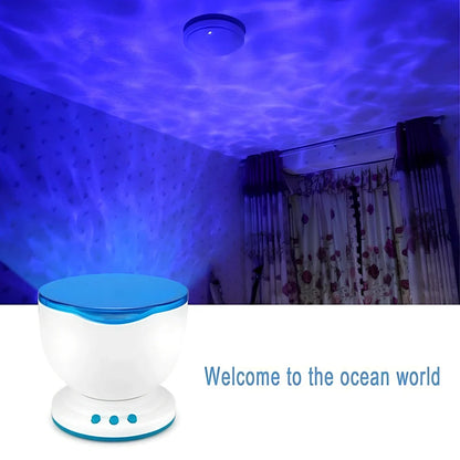 White and blue ocean wave projector measuring 13x12x12 cm with remote control