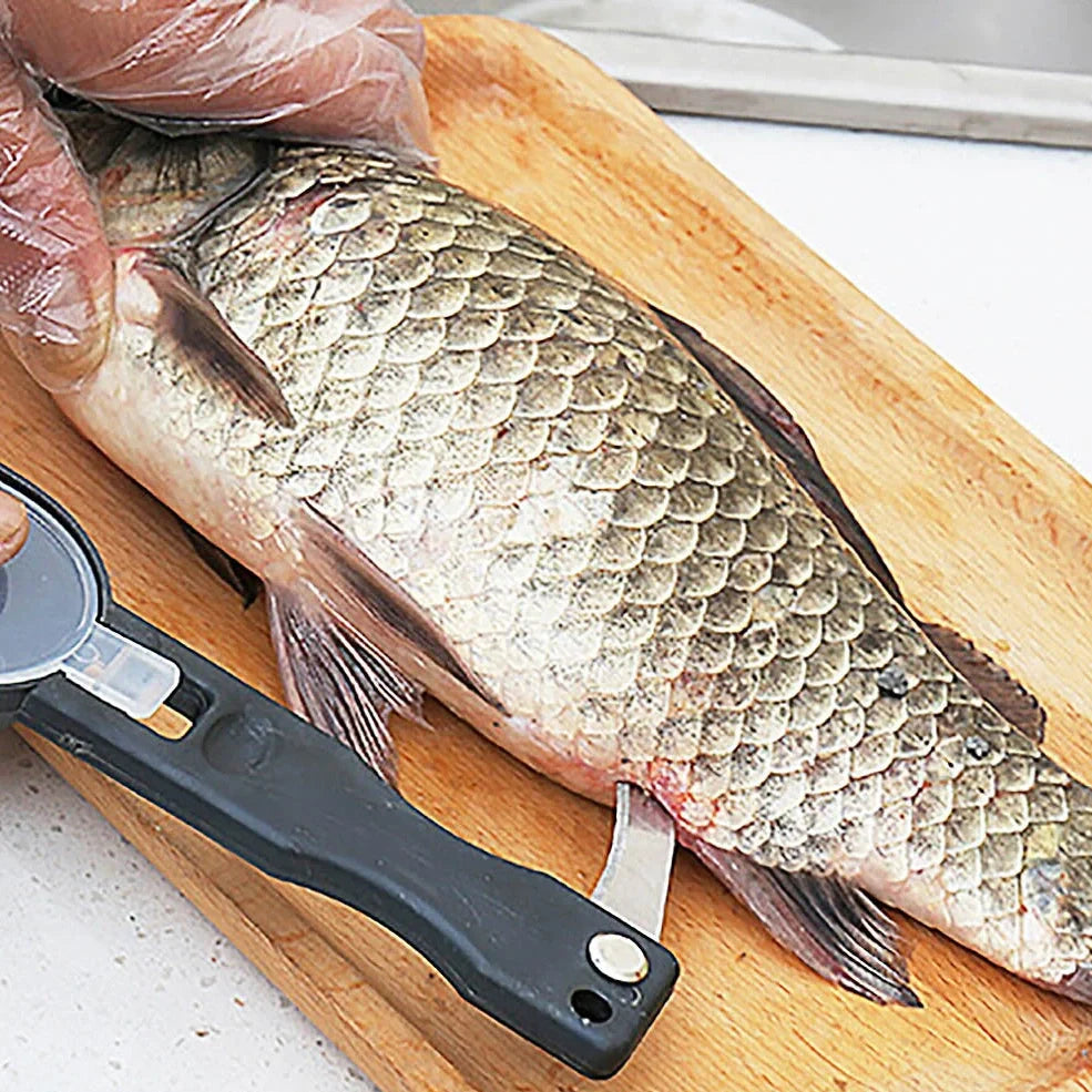 Black ABS fish scale remover scraper with stainless steel blade, 20 cm long, including scale slot and hanging hole for kitchen use