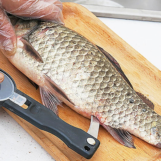 Black ABS fish scale remover scraper with stainless steel blade, 20 cm long, including scale slot and hanging hole for kitchen use