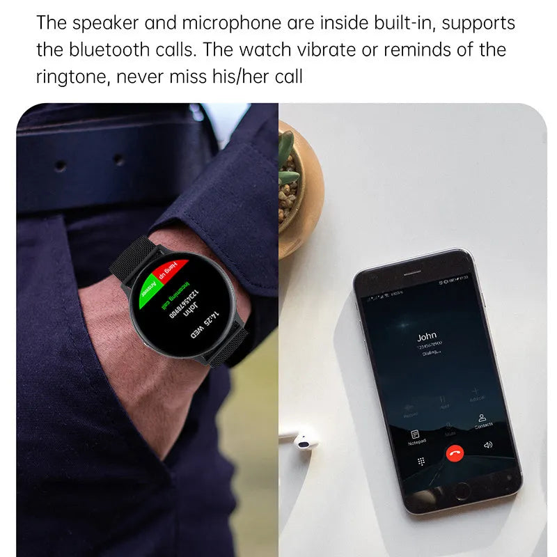 Black smart bracelet watch with touch screen displaying heart rate, on a wrist.