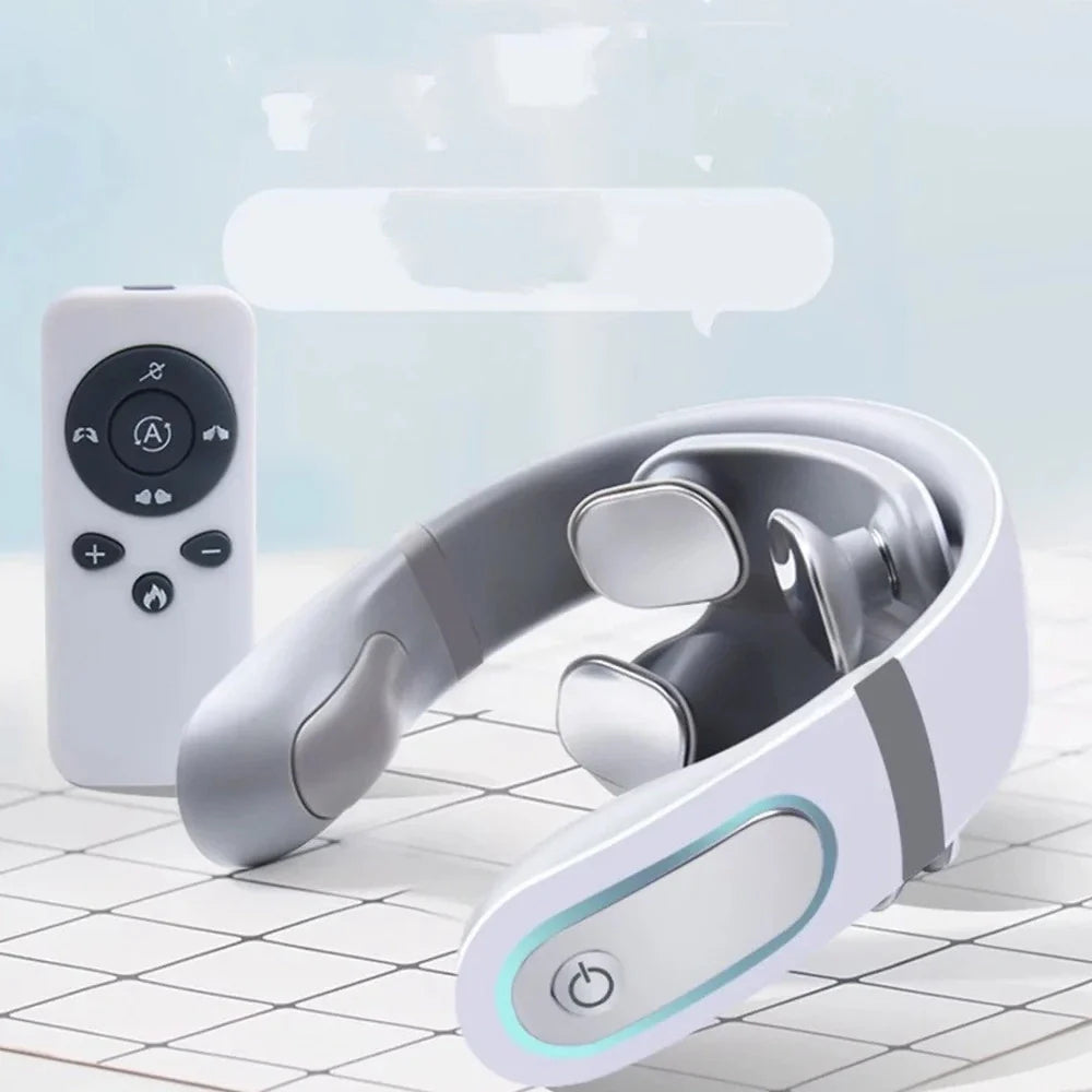 White shoulder neck massager with four rotating heads for mechanical kneading action