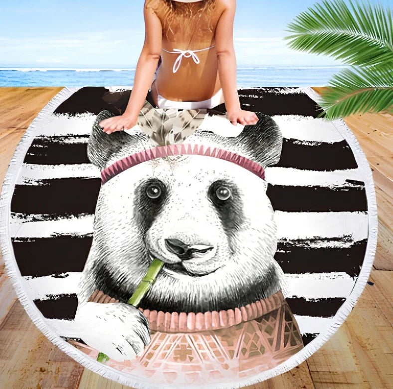 Round blue beach towel with panda design showing 140cm diameter and cushion roll function