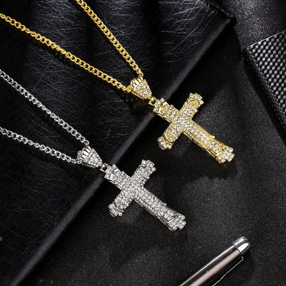 Stylish Iced Out Men's Cross Necklace in silver and gold options