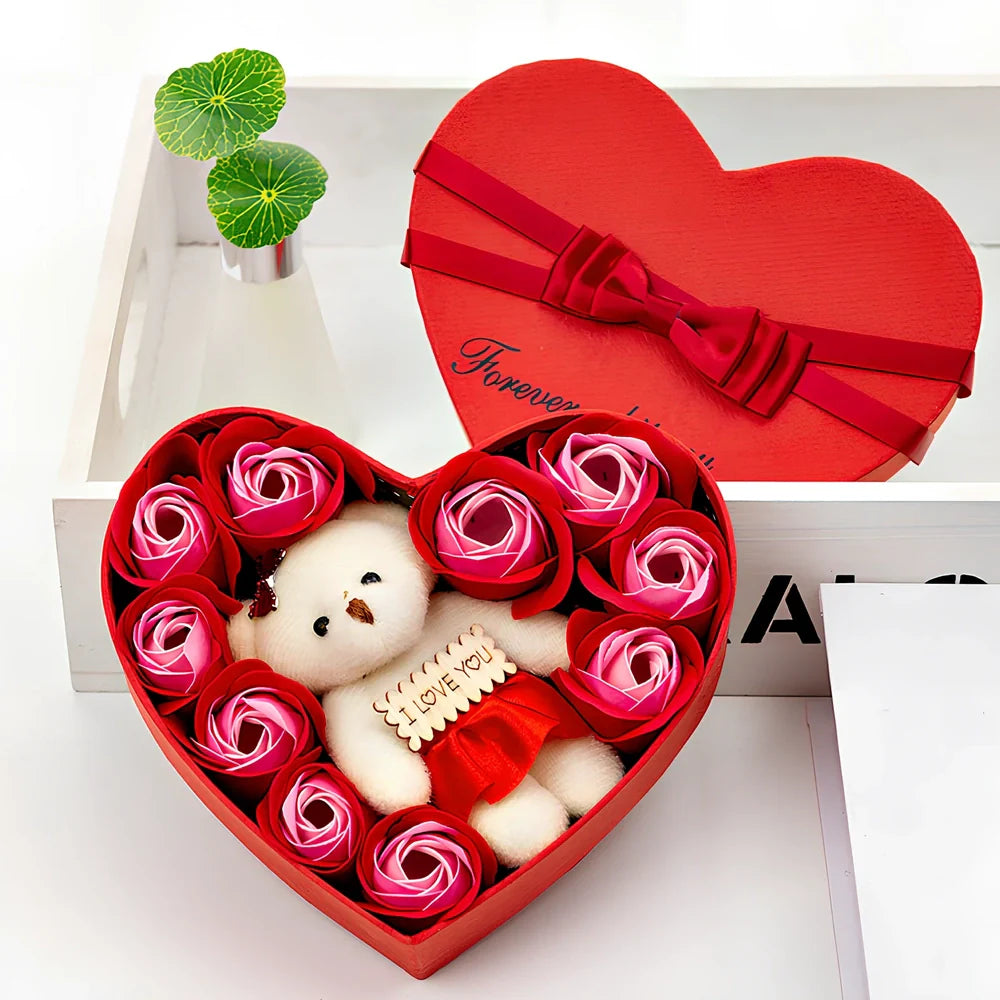 Handmade pink soap flower rose bouquet with bear in 25cm gift box, 10cm roses for lasting gifts