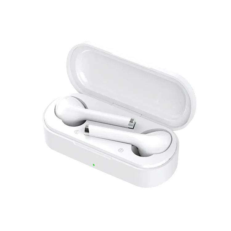 Black and white Bluetooth 5.0 wireless headphones with charging dock showing USB charging port