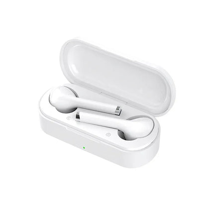 Black and white Bluetooth 5.0 wireless headphones with charging dock showing USB charging port
