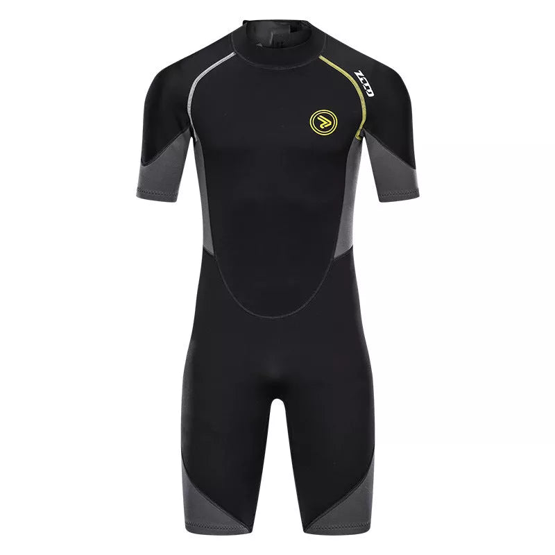 Men's black SCR neoprene summer swimsuit with short sleeves and shorts length