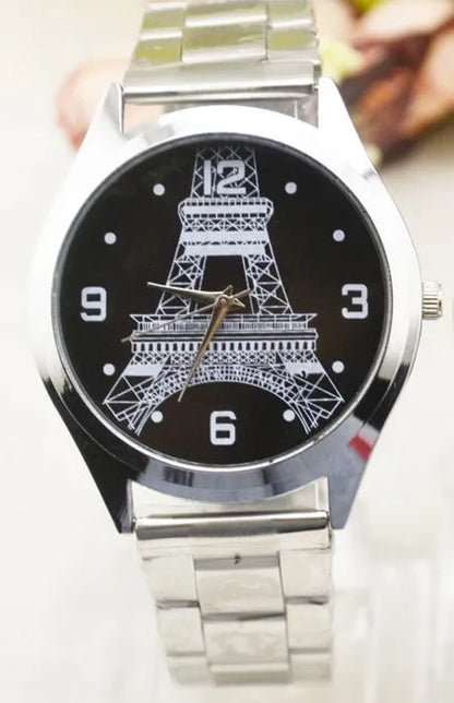 Silver tone Eiffel Tower wrist watch with round dial and luminous hands