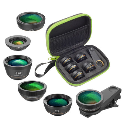 Six smartphone camera lenses including fisheye, macro, telephoto, wide-angle, CPL and star filters with aluminium housings
