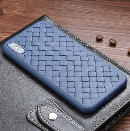 Luxury grid weaving phone case in black with hollow cooling design and raised lips for iPhone protection