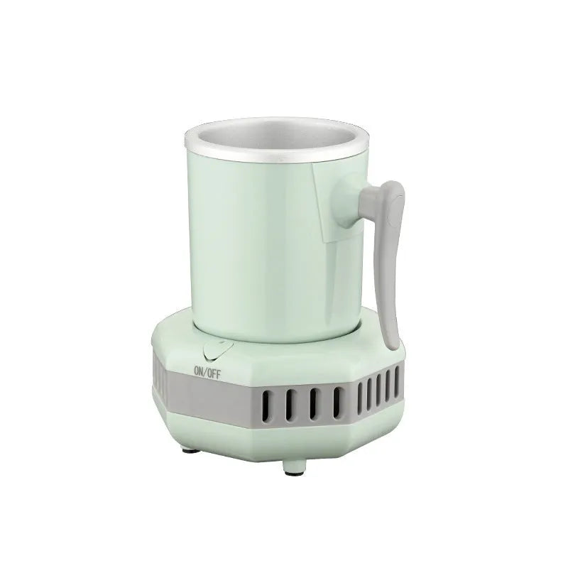 White quick refrigeration cup with aluminium drinking vessel on ABS base featuring one-button control