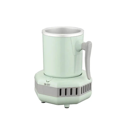 White quick refrigeration cup with aluminium drinking vessel on ABS base featuring one-button control