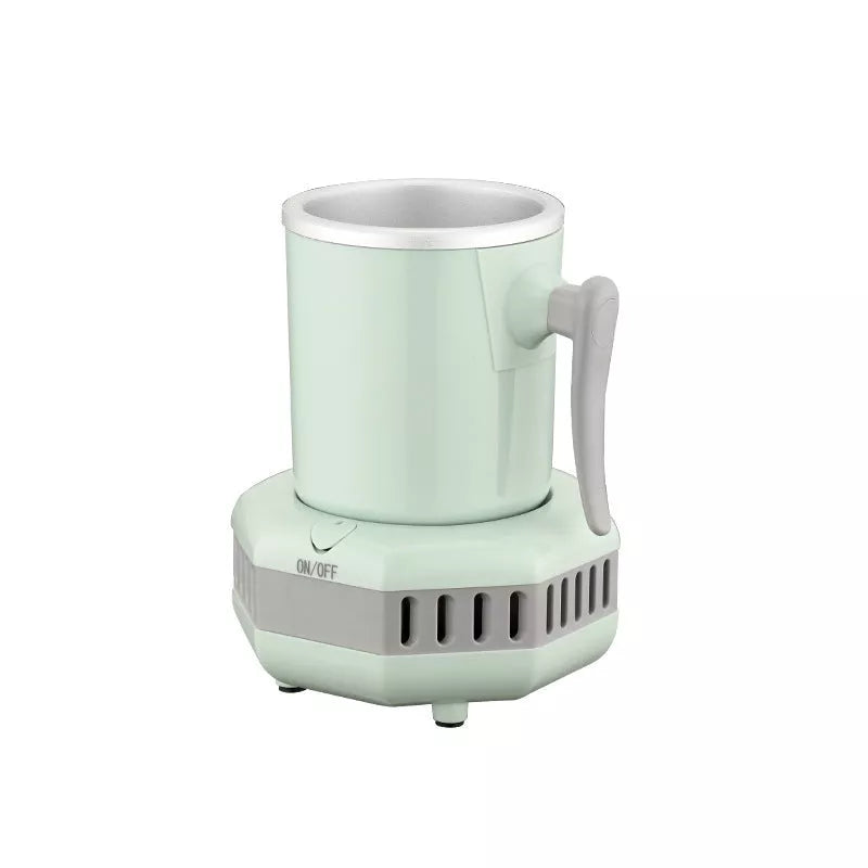 Dual-use mini ice cooling cup in white, pink, blue, and green for quick beverage chilling