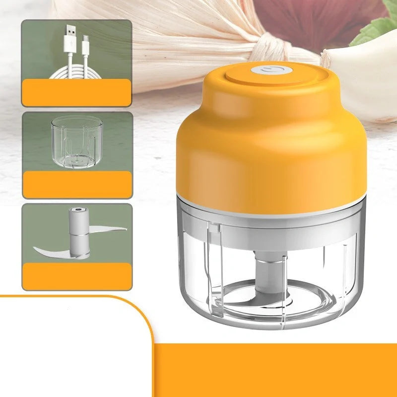 Compact USB electric garlic masher in green, pink, and yellow colors