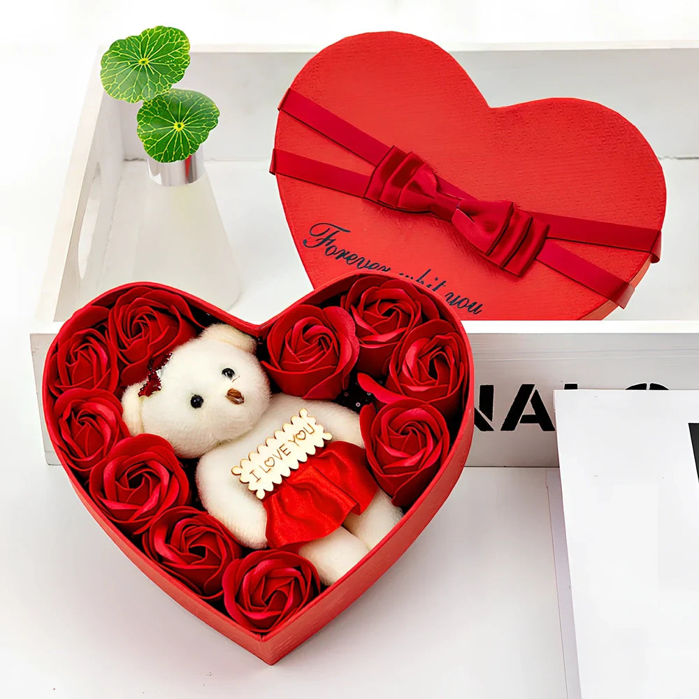 Handmade pink soap flower rose bouquet with bear in 25cm gift box, 10cm roses for lasting gifts