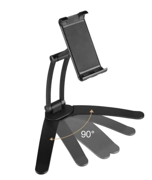 Aluminium alloy desktop tablet stand with adjustable clips on a 23.5cm base, holding a tablet at an angle