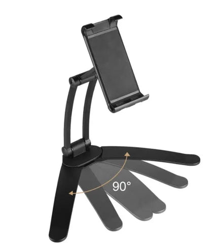 Aluminium alloy desktop tablet stand with adjustable clips on a 23.5cm base, holding a tablet at an angle