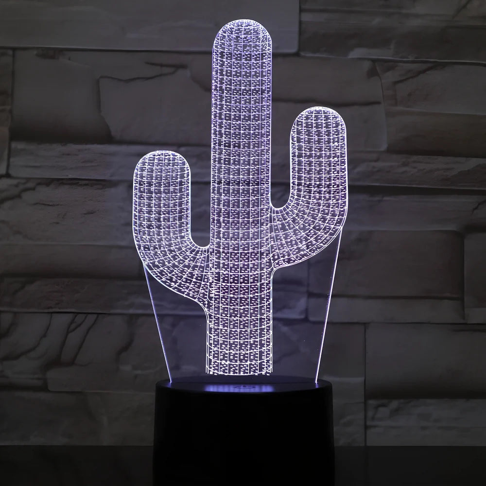 Cactus-shaped LED night light with 3D acrylic design showing colour-changing illumination in compact 200mm size