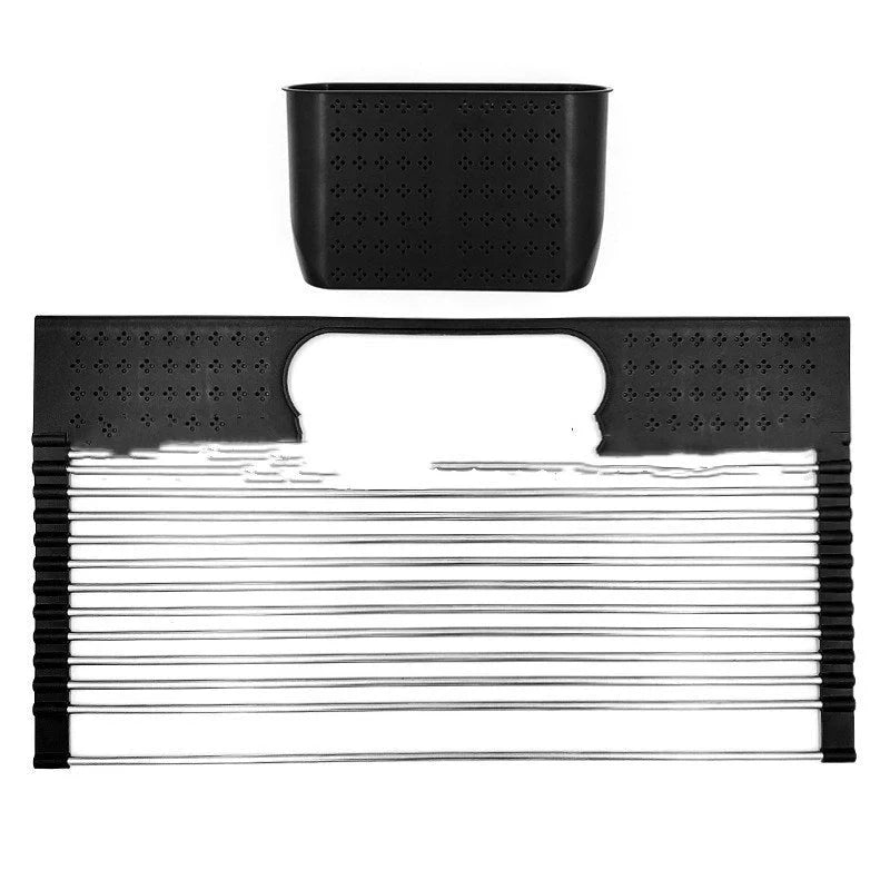 Foldable stainless steel dish rack with utensil caddy, perfect for kitchen organization