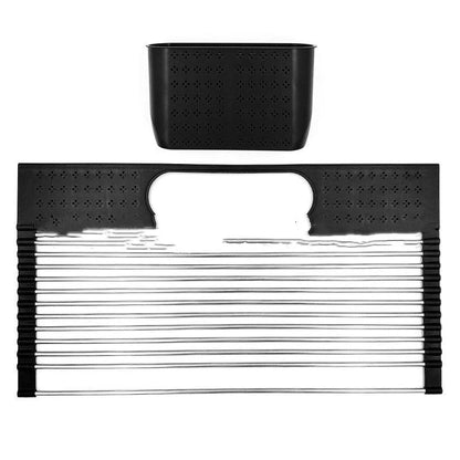 Foldable stainless steel dish rack with utensil caddy, perfect for kitchen organization