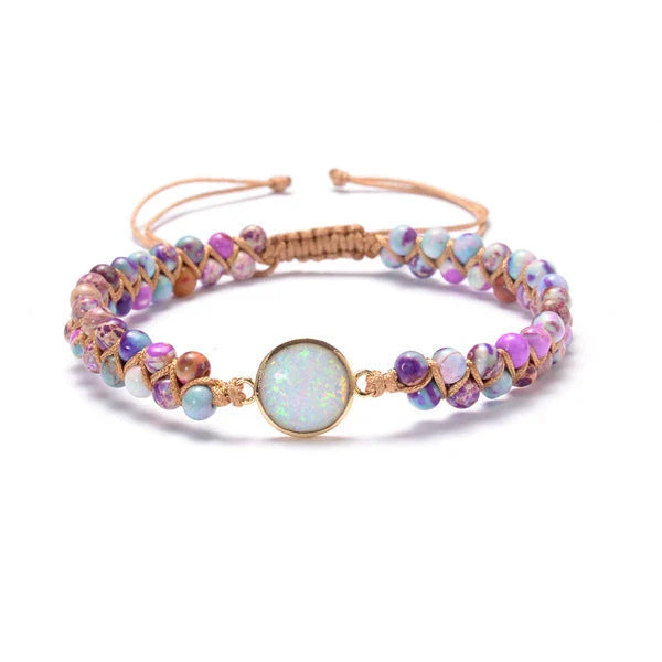 Elegant gemstone wrap bracelets in various colors, featuring amethyst, opal, and other natural stones