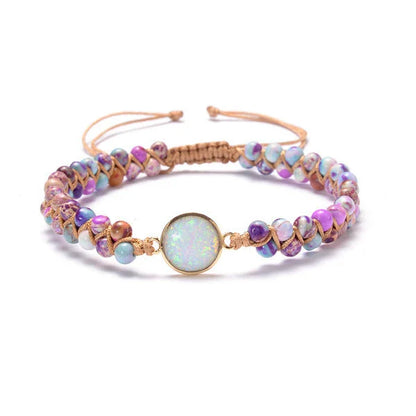 Elegant gemstone wrap bracelets in various colors, featuring amethyst, opal, and other natural stones