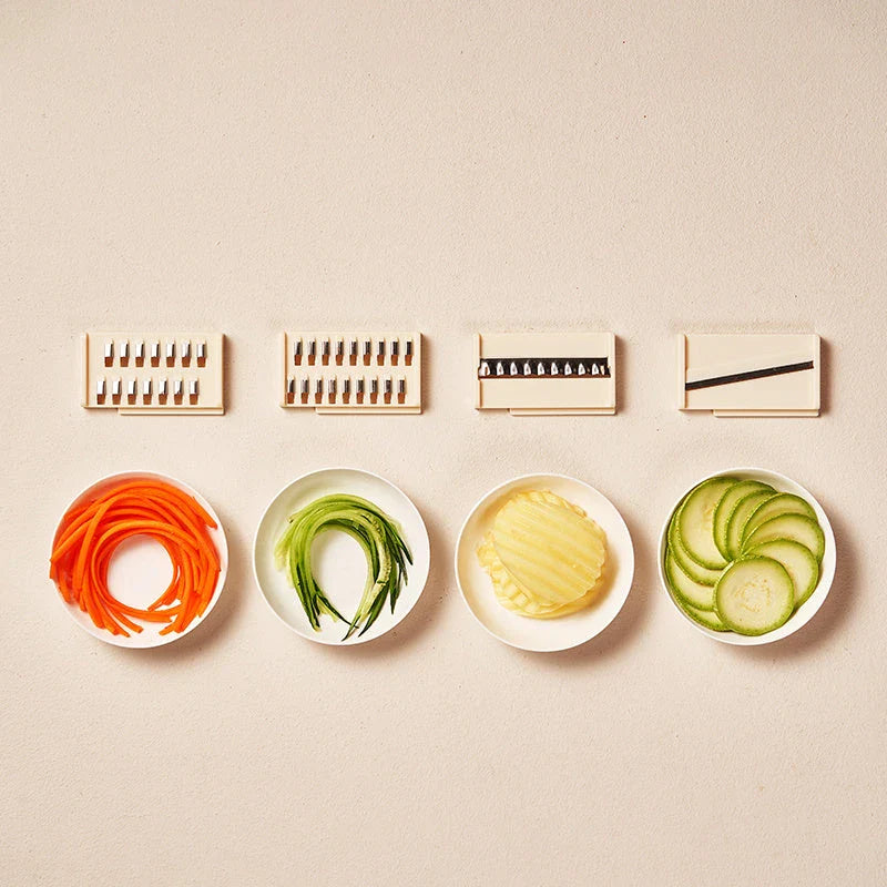 Versatile Vegetable Chopper with Interchangeable Blades, Built-in Container, and Self-Cleaning Brush for Effortless Meal Prep
