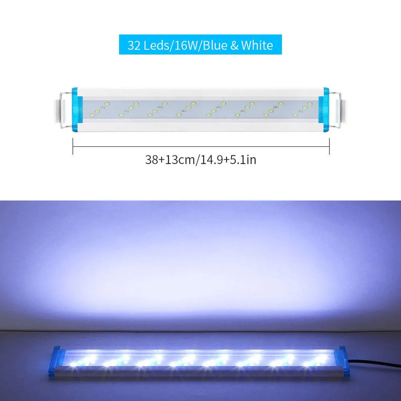 Ultra-thin aquarium light with blue and white LED lighting for fish tank plants and coral growth, PVC plastic housing with 18cm to 58cm length options, 8w to 24w power, available in both EU and US plug models for standard global fittings.