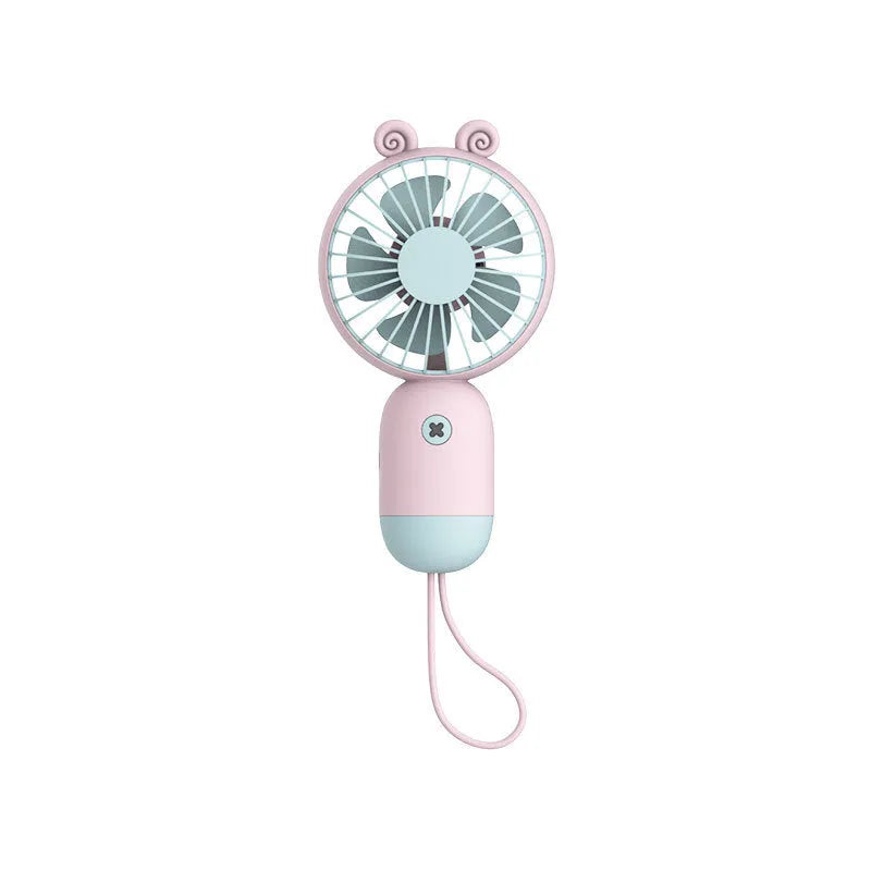 Handheld portable mini fan in green, pink, purple, or white, made from ABS and silicone with 500mAh battery