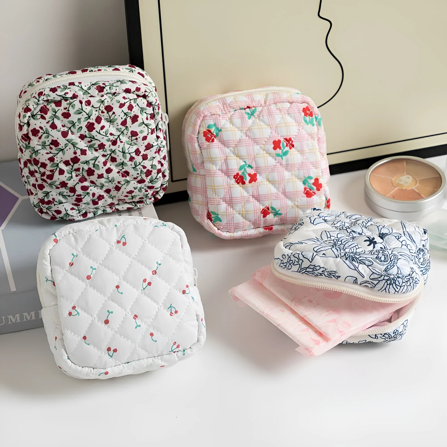 Women's key storage bag with floral patterns including cherry on white background design