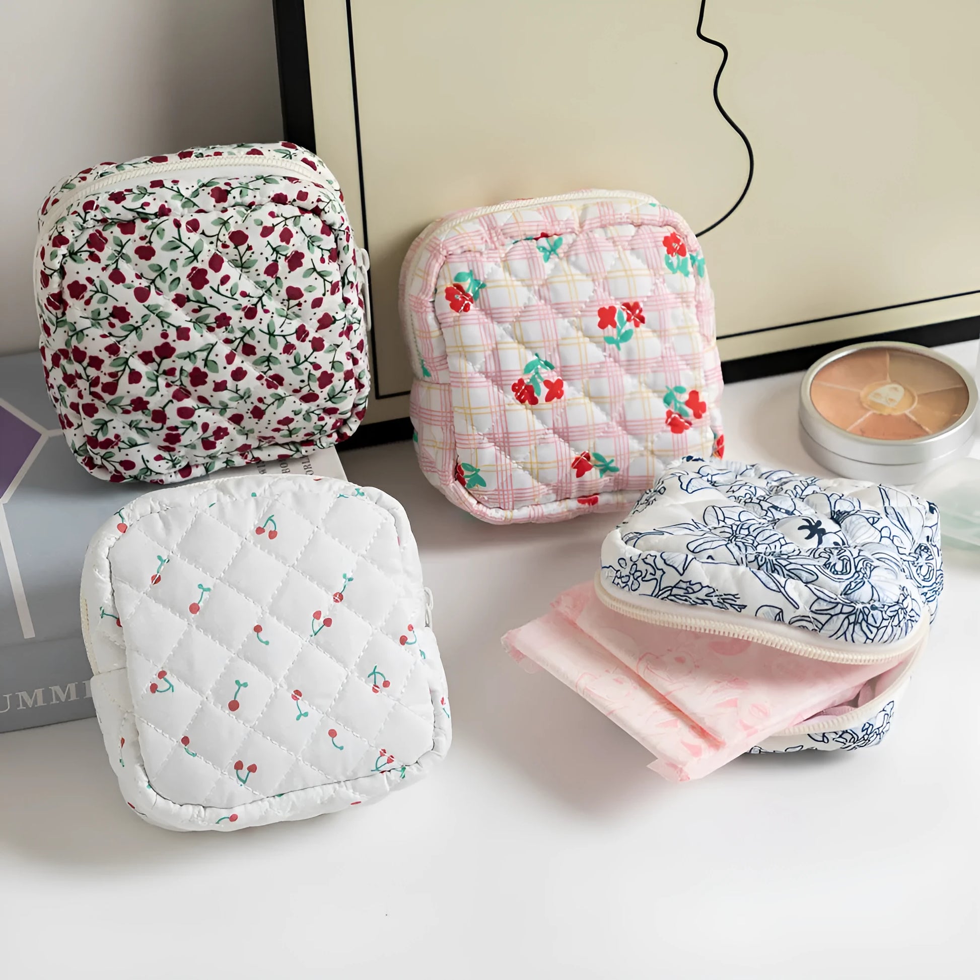 Women's key storage bag with floral patterns including cherry on white background design