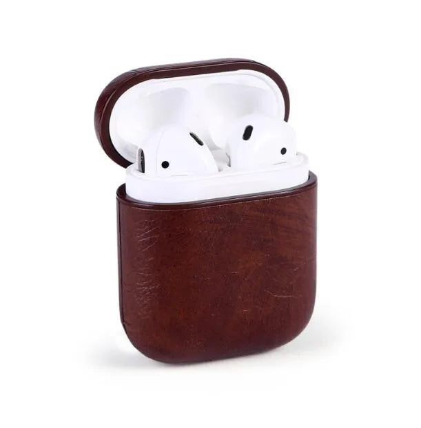 Genuine leather AirPods protective case in black with visible charging cable storage pocket
