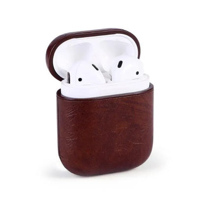 Genuine leather AirPods protective case in black with visible charging cable storage pocket