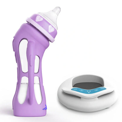 Glass baby bottle with temperature-sensitive silicone sleeve and USB milk warmer for safe, natural feeding