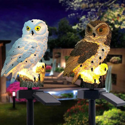 Solar owl garden light with realistic design standing 45cm tall, featuring LED illumination and solar panel